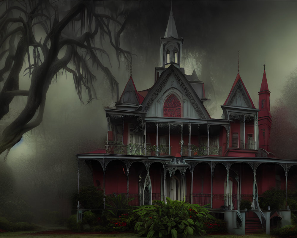 Victorian Gothic house in red and black color scheme in misty forest