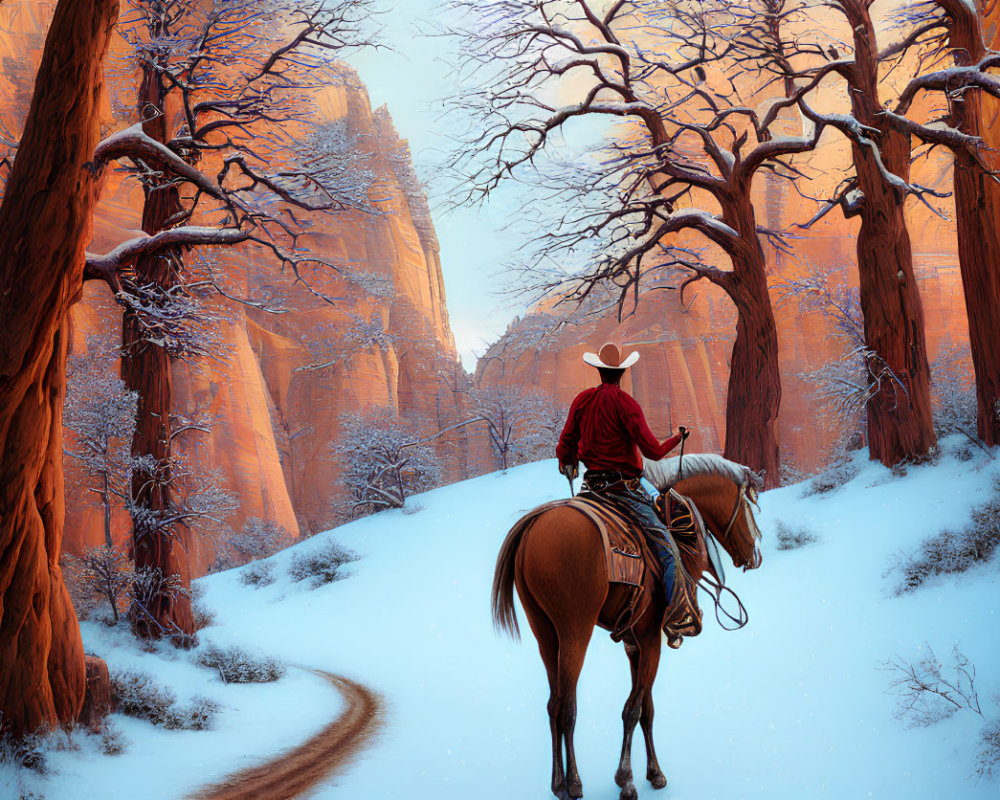 Cowboy on horseback in snowy trail with red rock formations and bare trees.