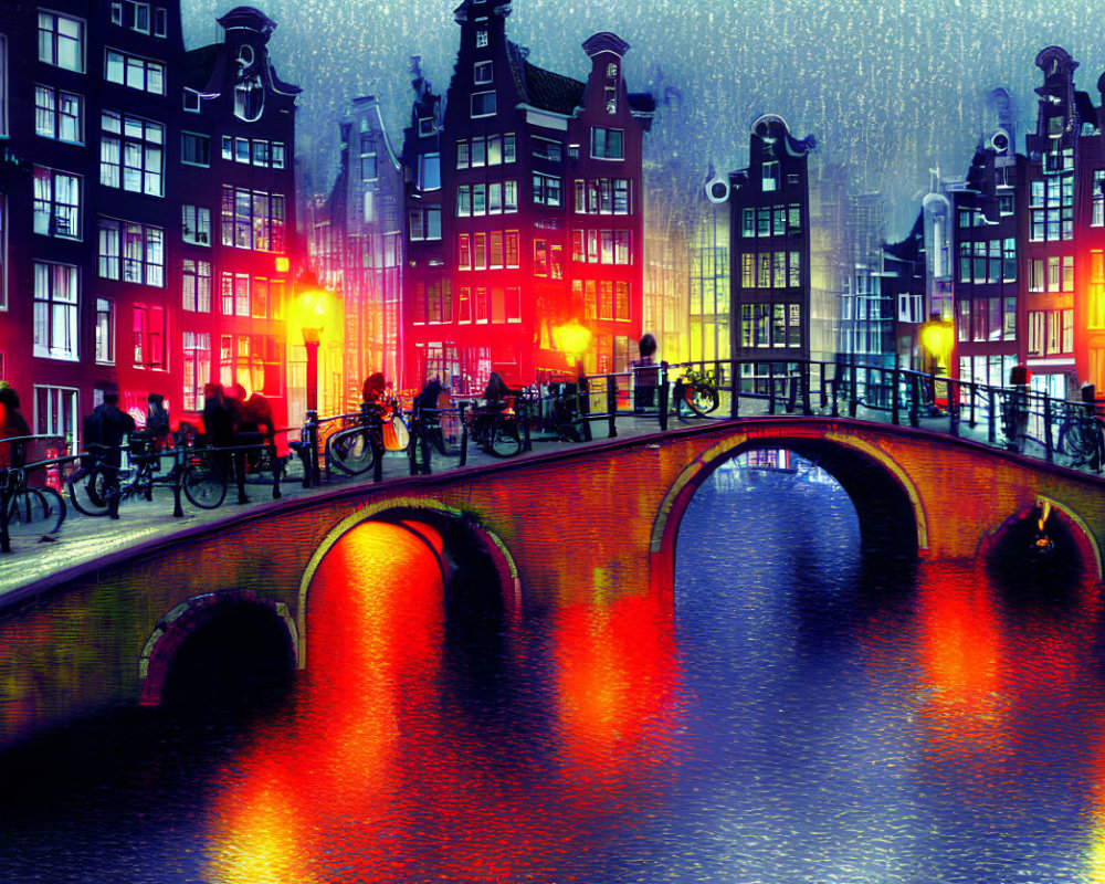 Illuminated Amsterdam canal houses at night with bridge and rain reflections