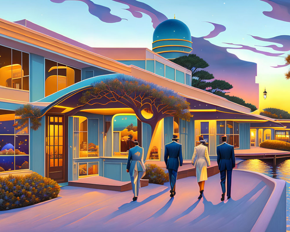 Three people walking towards modern seaside building at sunset with ocean view and futuristic background.