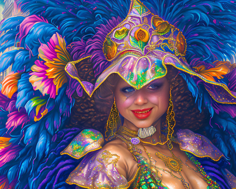 Vibrant carnival costume with feathered headdress and bejeweled mask