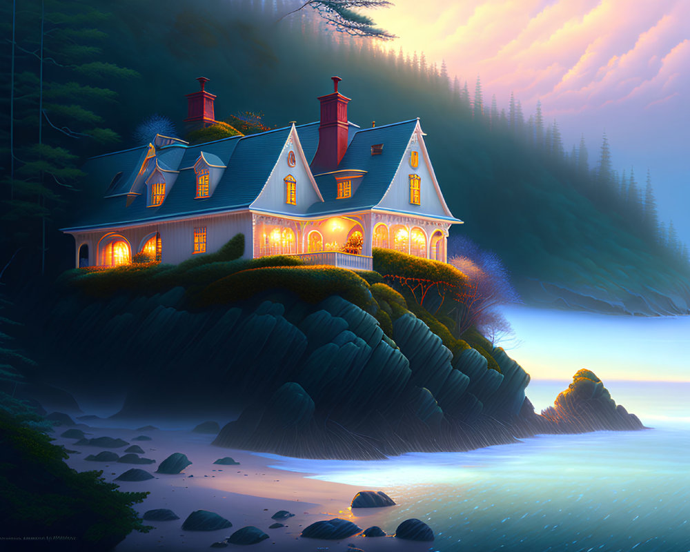 Victorian house on cliff overlooking calm sea at twilight