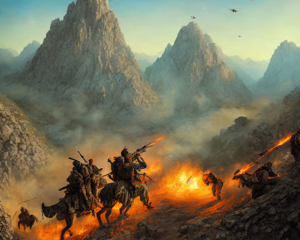 Fantasy Battle Scene: Warriors, Dragons, and Fiery Explosion in Mountain Terrain