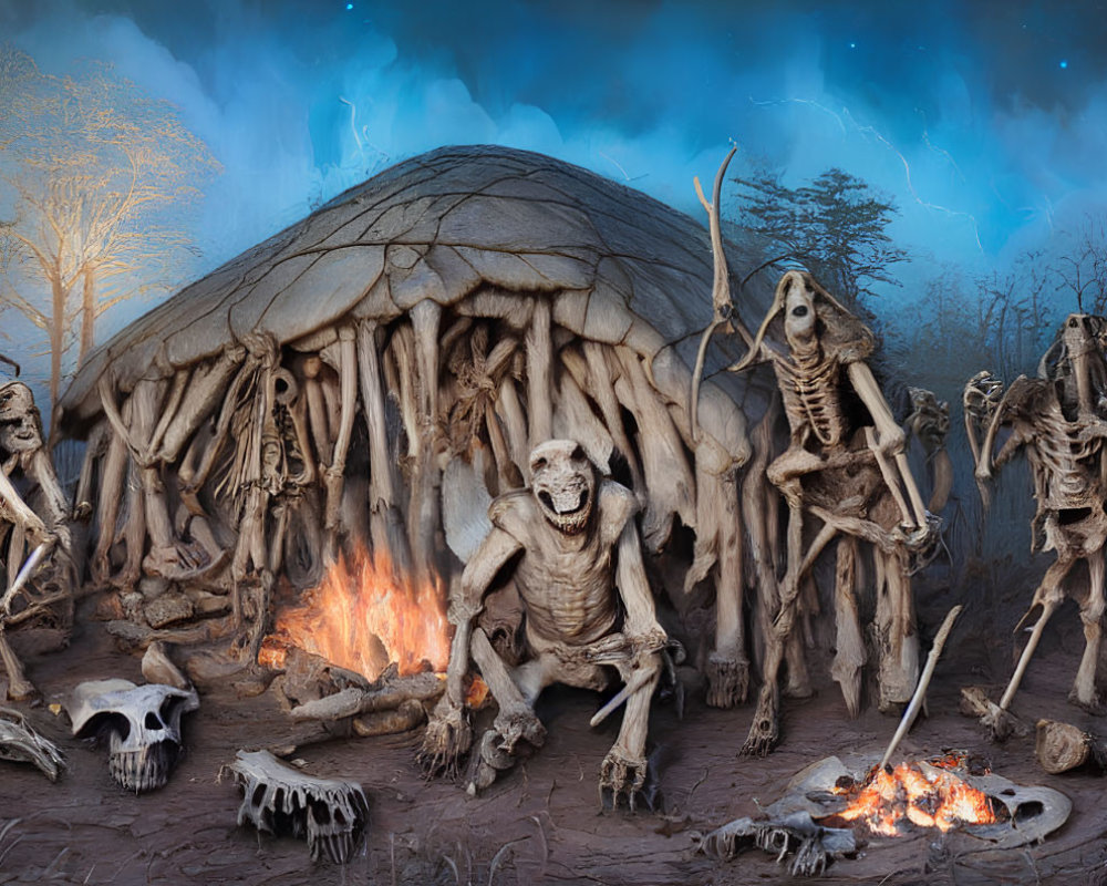 Animated skeletons dancing outside thatched hut at night with starry sky and skeletal remains