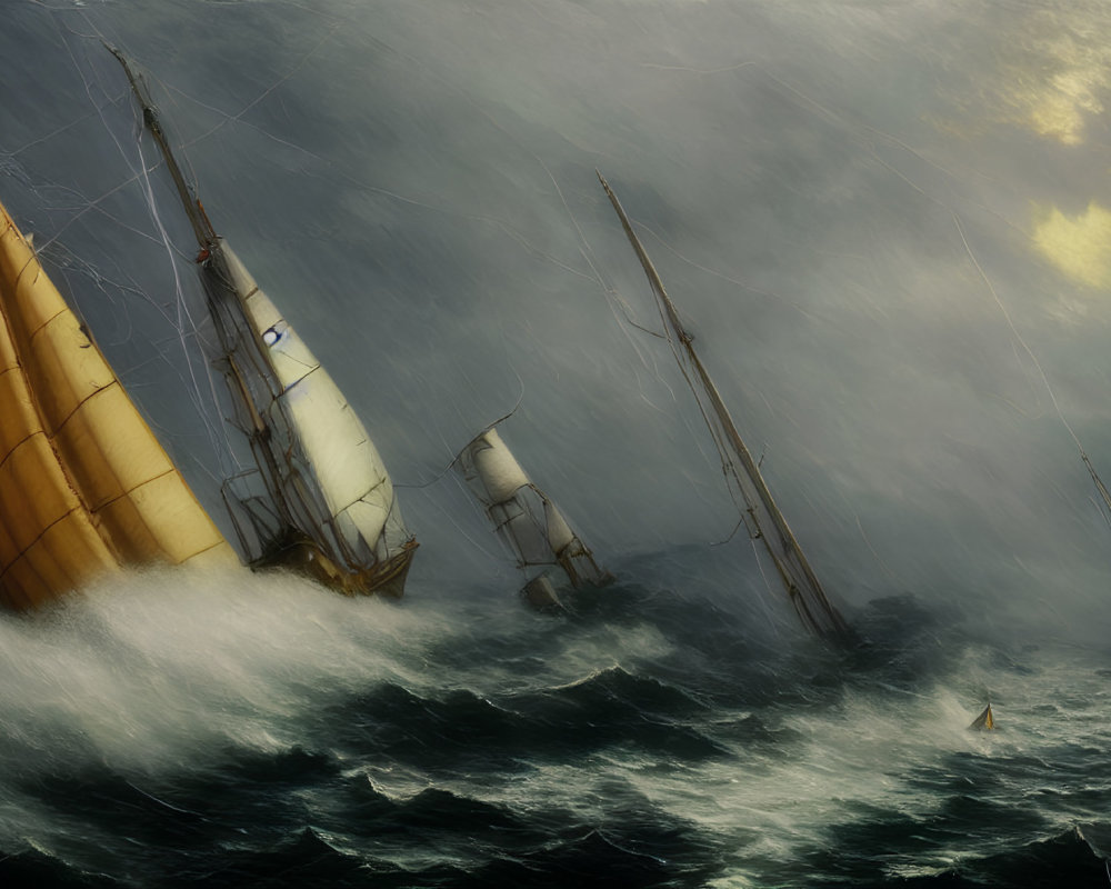 Stormy seas with sailing ships and billowing sails under sun rays