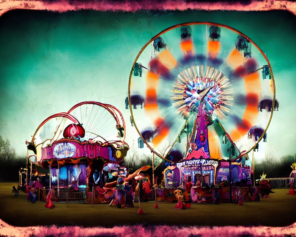 Vintage-style photo of carnival scene with spinning Ferris wheel & colorful rides at twilight