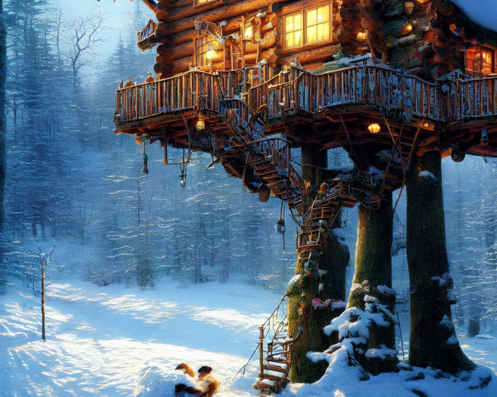 Illuminated snow-covered treehouse with ladder and dogs in snowy forest at dusk