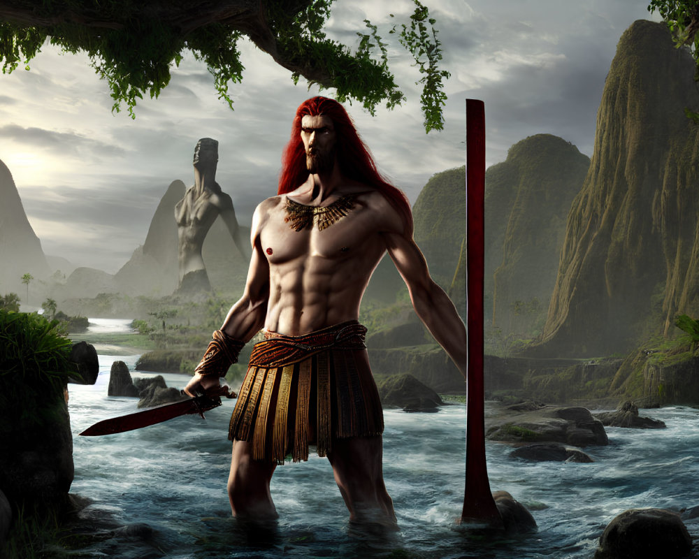 Red-Haired Warrior with Sword and Shield in Lush Landscape