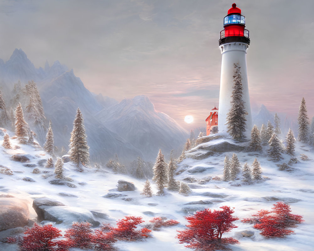 Snowy Winter Landscape: White Lighthouse, Red Accents, Snow-Covered Trees