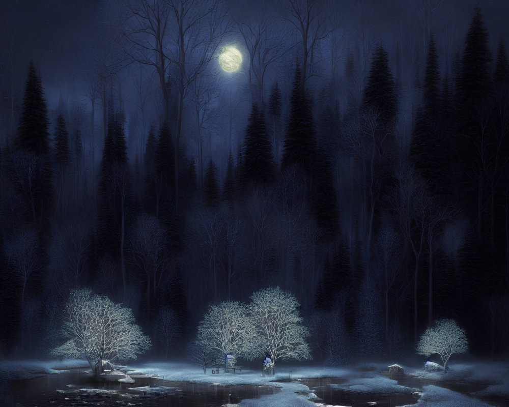 Tranquil forest scene under full moon and snow-covered trees