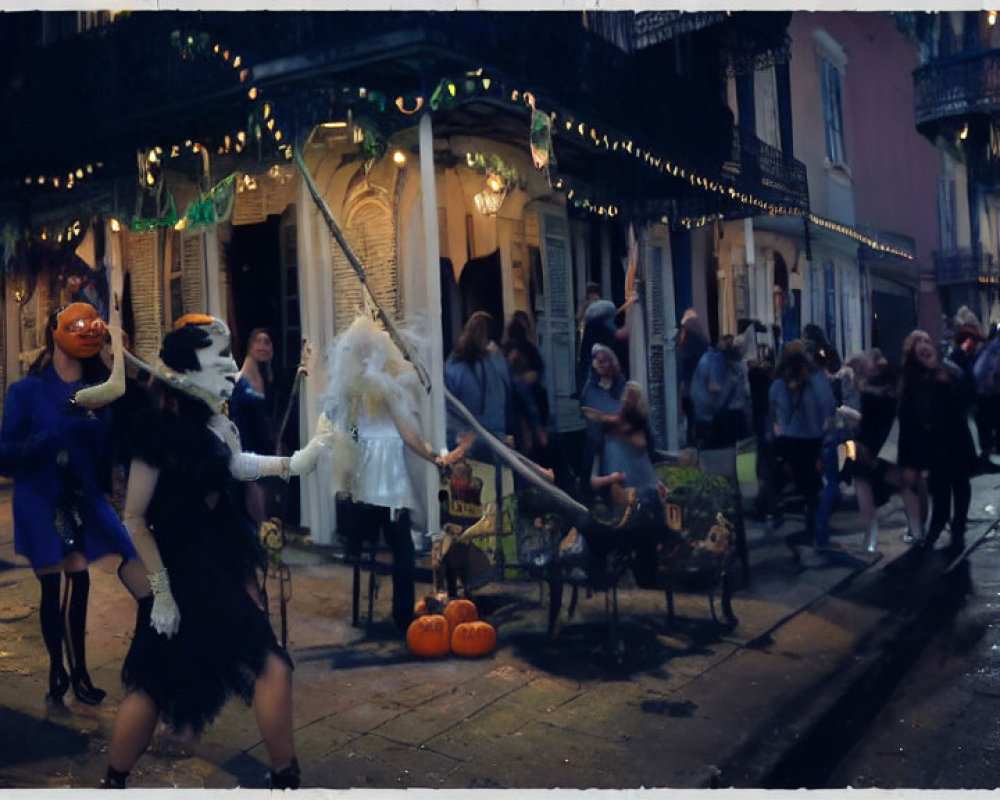 Festive street celebration with costumes and pumpkins