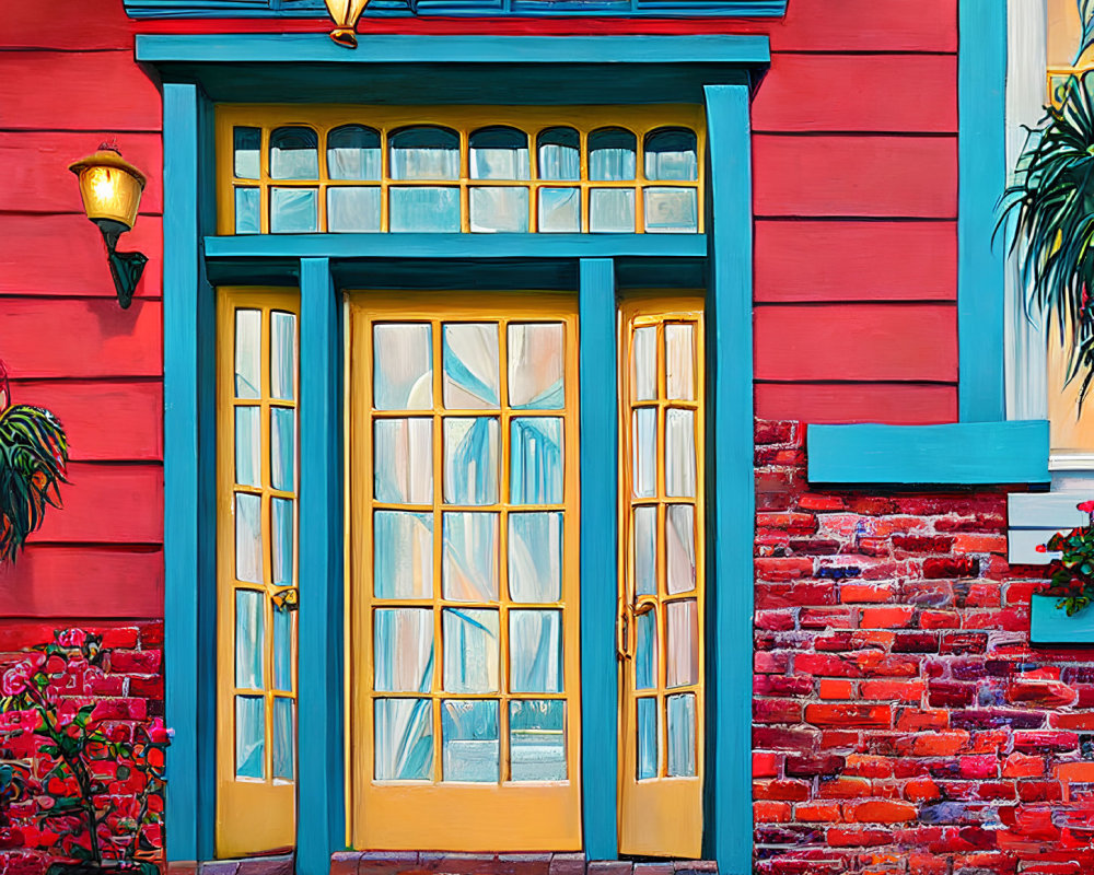 Colorful painting of blue and yellow door in red brick wall with lanterns and potted plant