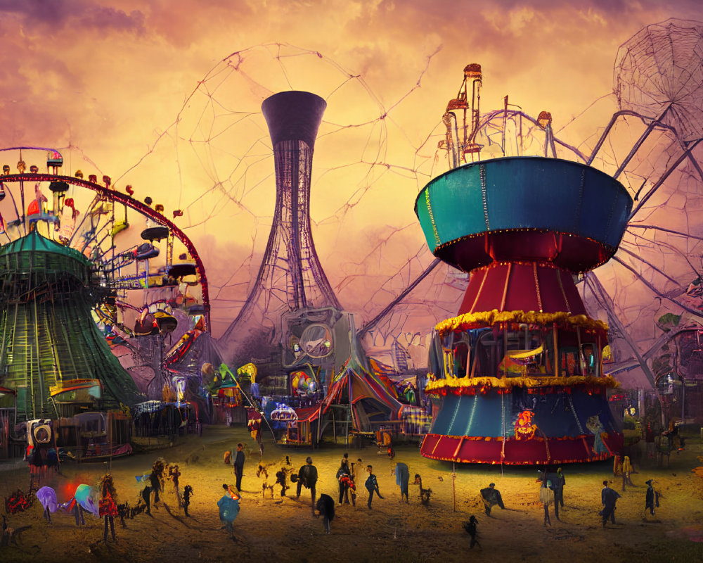 Vibrant amusement rides in atmospheric carnival scene