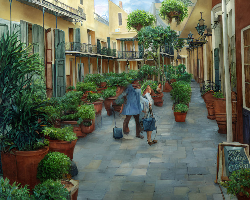 European Street Scene with Potted Plants, Sweeping Man, and Cobblestone Walkway