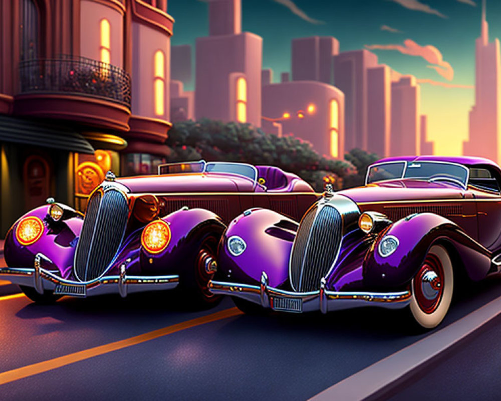 Vintage Purple Cars Parked on City Street at Sunset with Illuminated Buildings