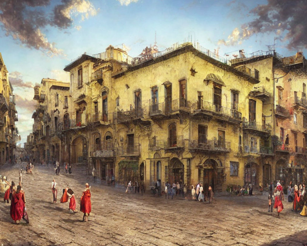 Historical square with traditional dress, cobblestone streets, aged buildings