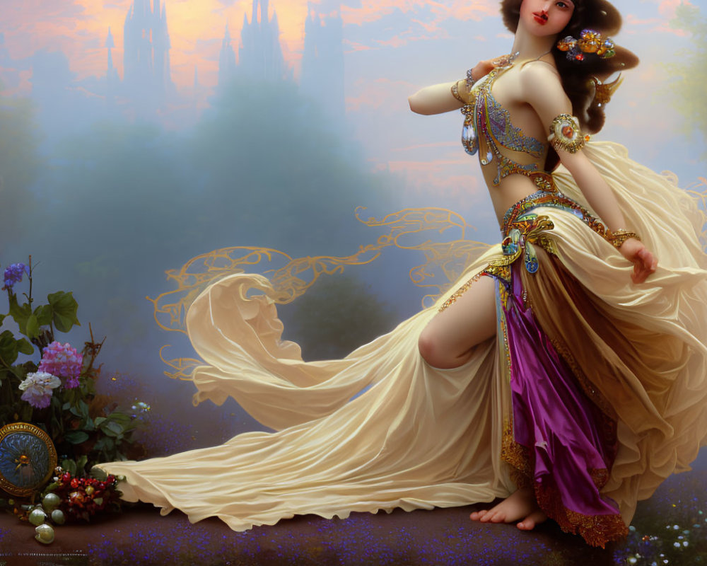 Ethereal woman in golden and purple attire in misty landscape with shield