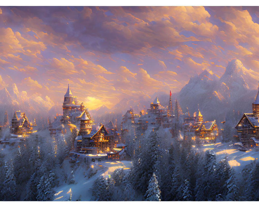 Snow-covered village with illuminated houses in frosty pine trees under dramatic sky at dusk.