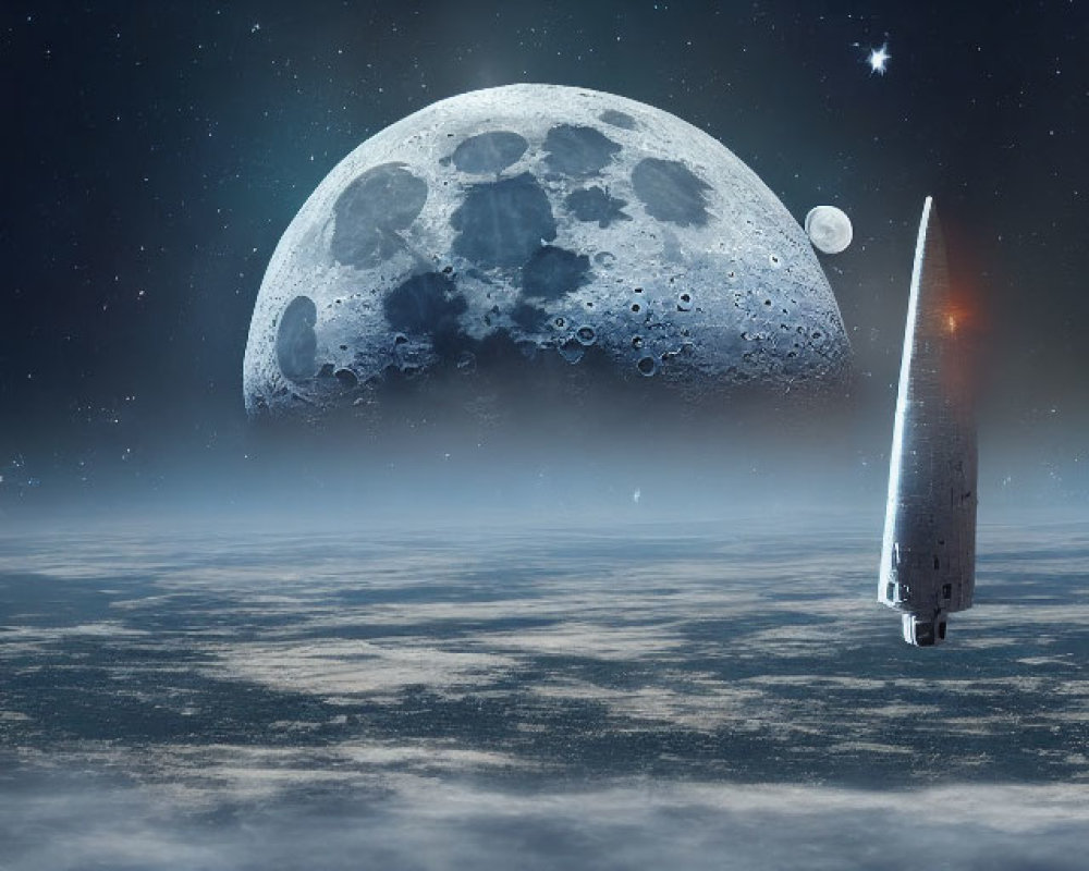 Futuristic spacecrafts landing on alien planet with moon in starry sky