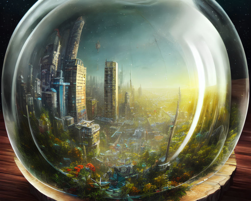 Futuristic city under giant transparent dome with skyscrapers and greenery at sunset