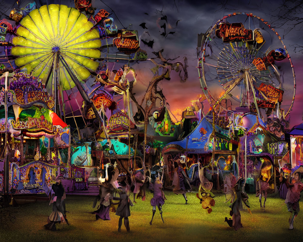 Eerie Halloween-themed funfair at dusk