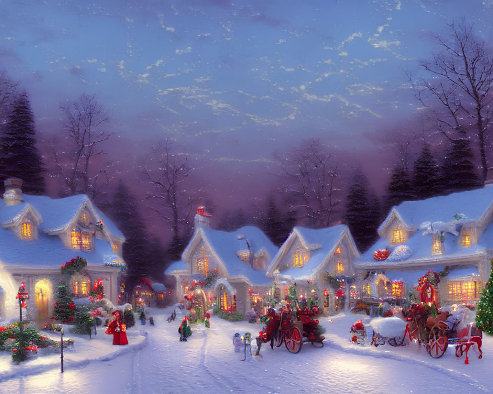 Snow-covered winter village scene with festive decorations, horse-drawn sleigh, and Christmas tree.