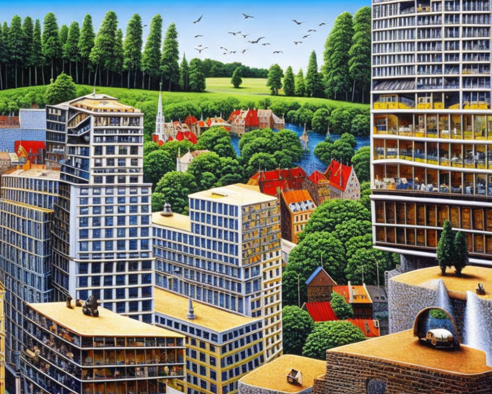 Cityscape and rustic buildings merge in vibrant artwork with modern high-rises and lush greenery under clear