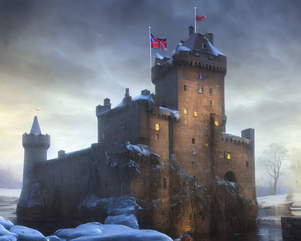 Medieval castle with turrets and flags in winter landscape