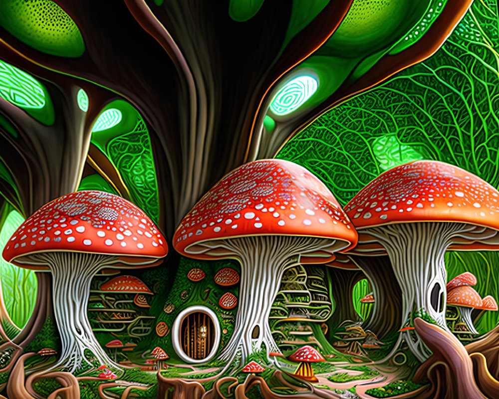 Fantastical forest scene with oversized red-capped mushrooms