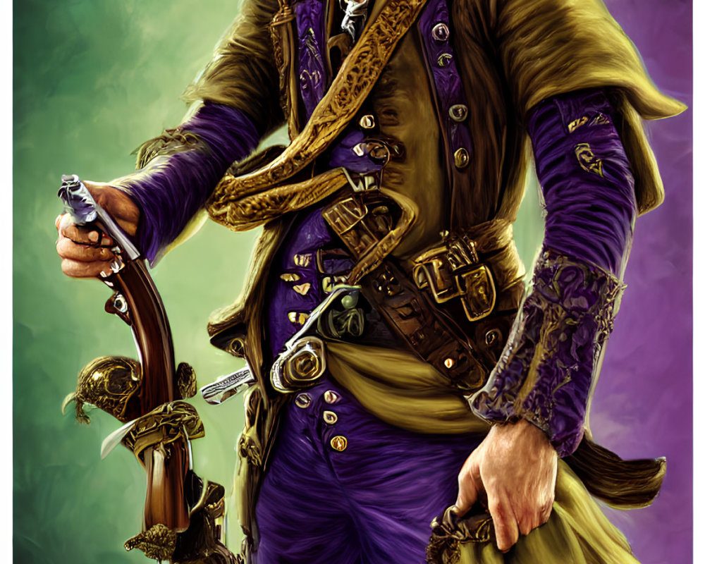 Detailed illustration of swashbuckling pirate with tricorne hat, flintlock pistol,