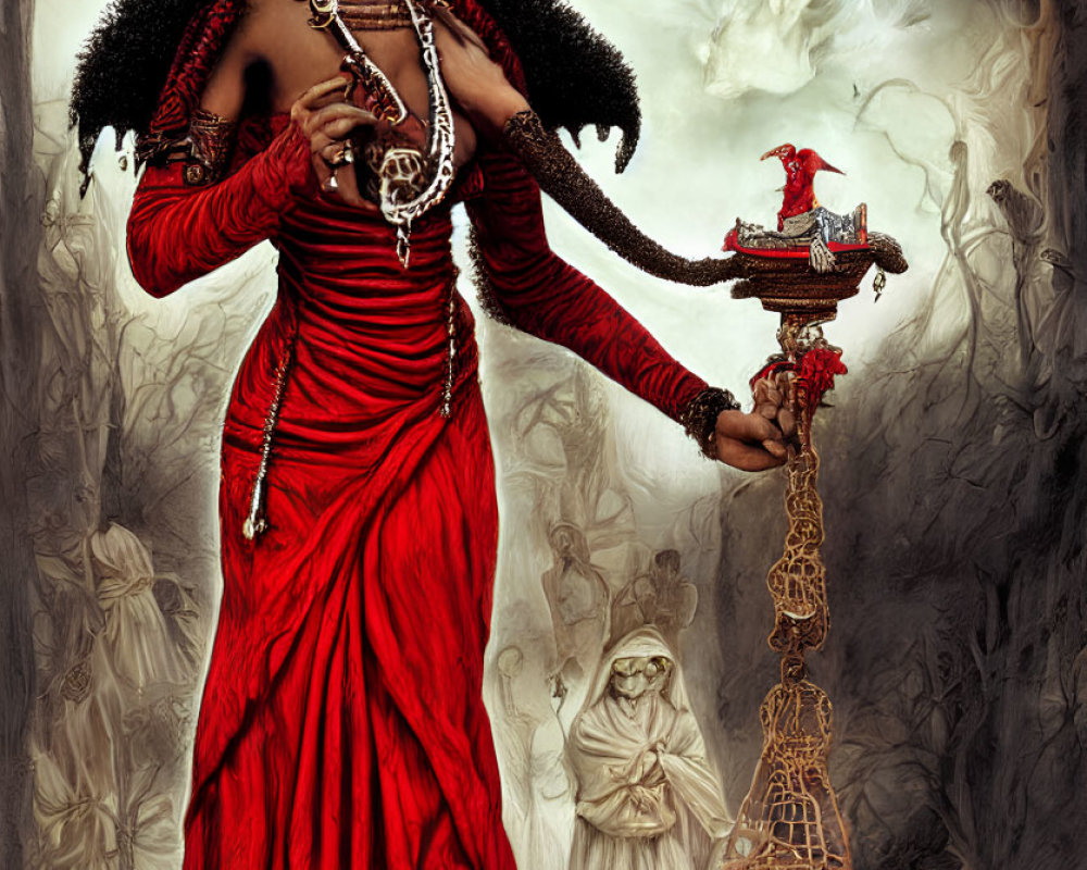 Regal figure in red dress with bird staff in mystical forest.