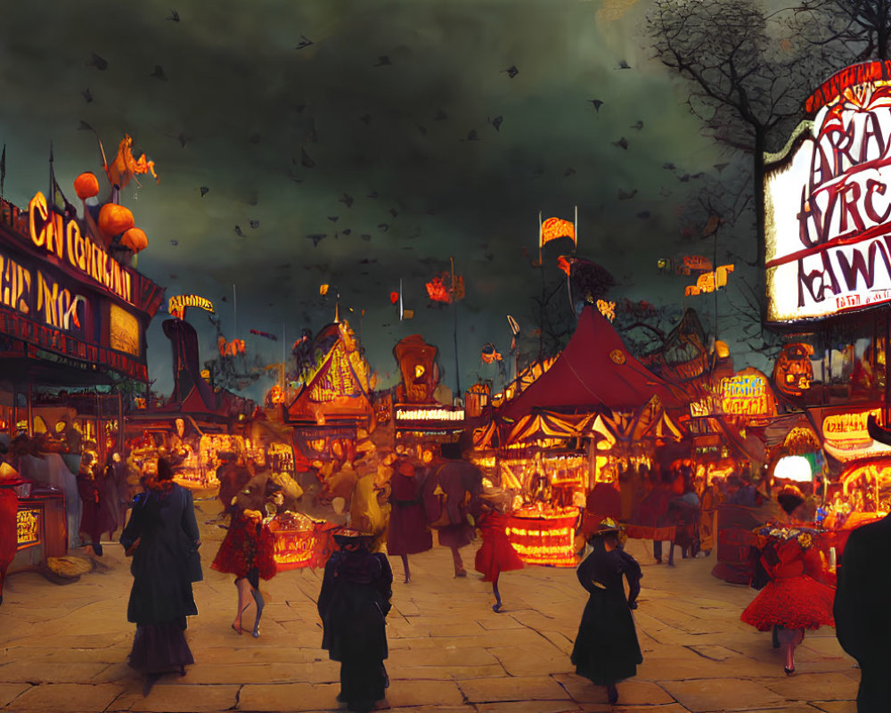 Vintage carnival scene with vibrant lights and dark sky