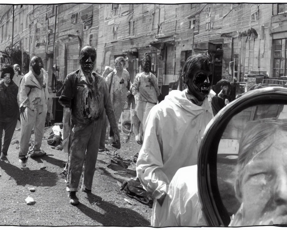 Monochrome image of people in zombie makeup on street with reflection