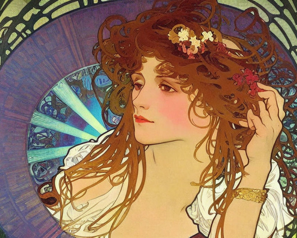 Reddish-Haired Woman with Floral Adornments in Art Nouveau Style