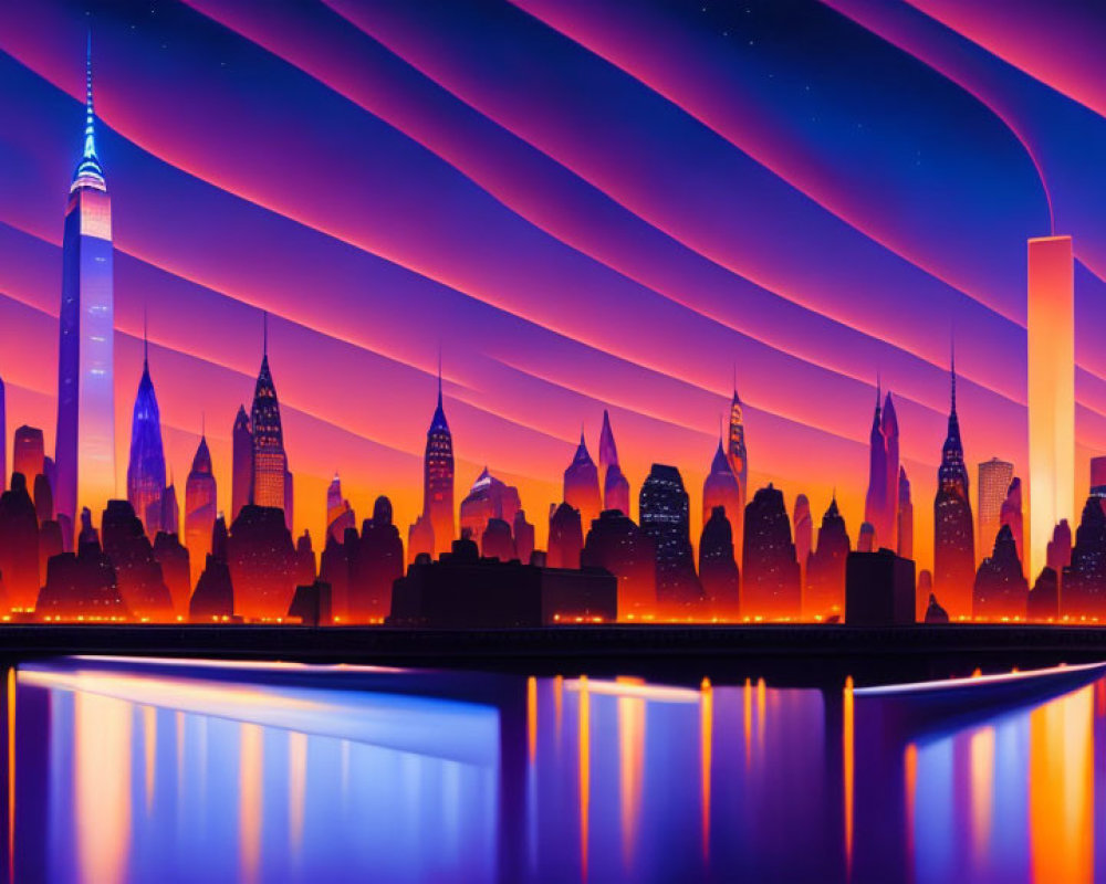 Colorful digital city skyline artwork at sunset with reflective waters and futuristic clouds.