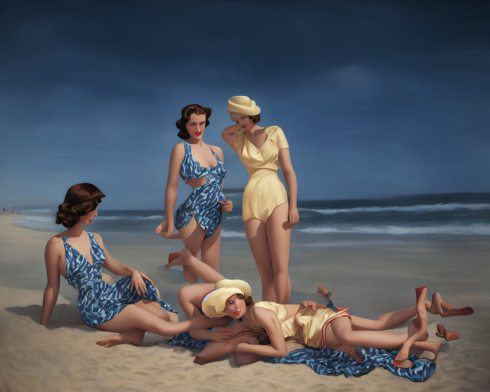 Vintage Swimwear Photoshoot: Four Women on Beach