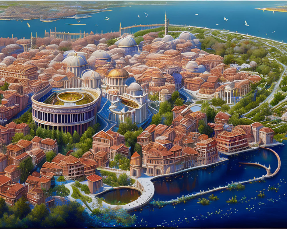 Ancient coastal city with domed structures, central building, boats, and greenery