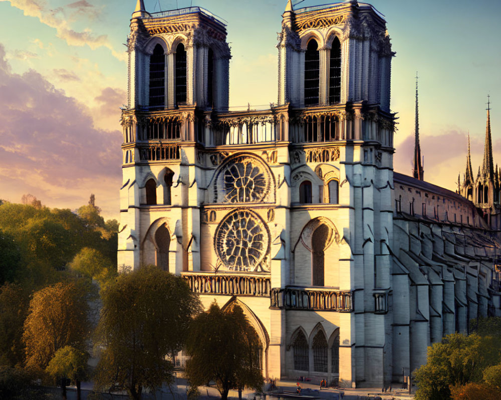 Iconic Gothic architecture of Notre-Dame Cathedral in Paris with twin towers and rose window under warm sunlight