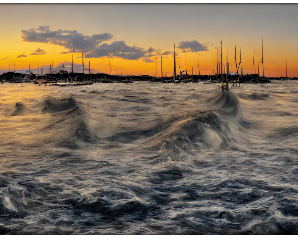 Colorful sunset over choppy sea with waves, sailboats, and dramatic sky