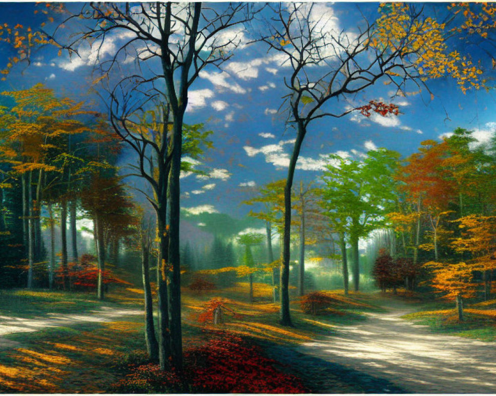 Colorful Autumn Forest Scene with Sunbeams and Split Path