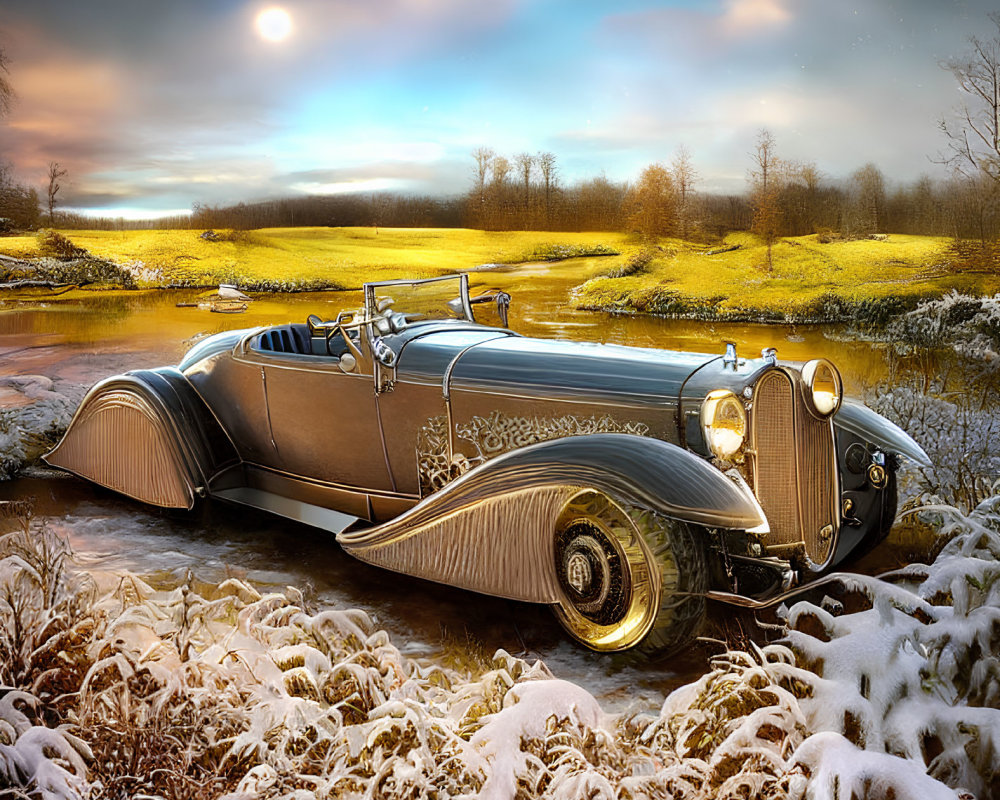 Classic Vintage Car in Frosty Landscape with Dramatic Sky