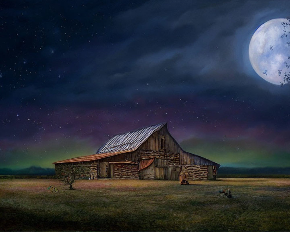 Rustic barn under full moon with aurora borealis