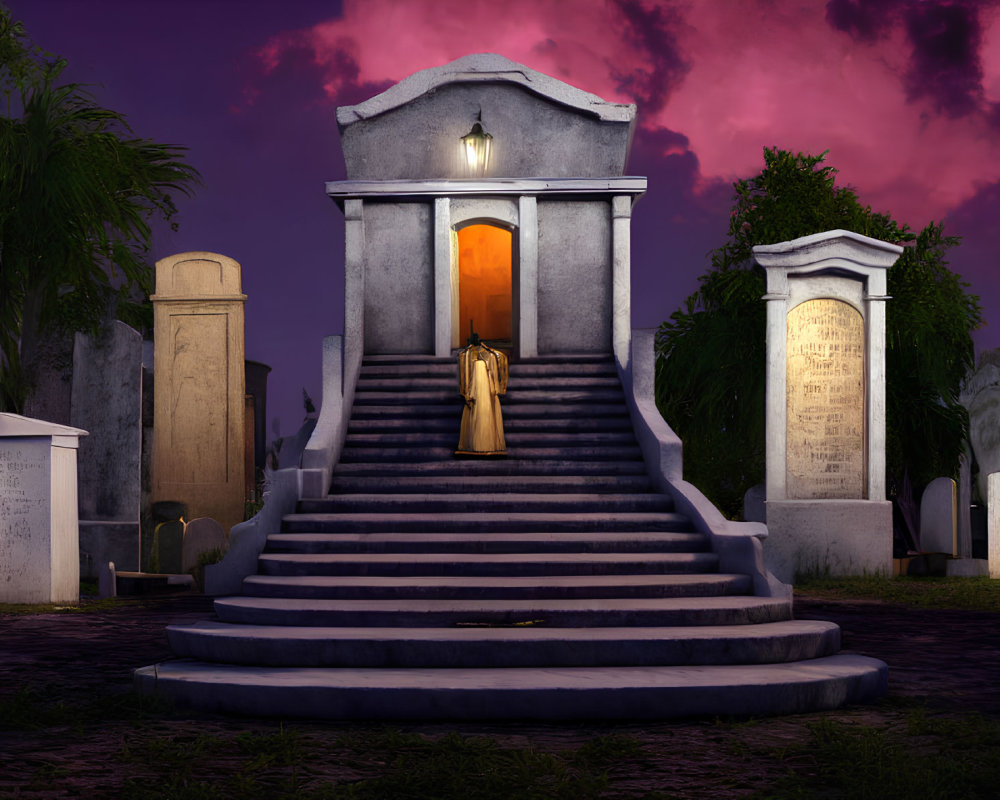 Person in yellow dress at mausoleum doorway at twilight surrounded by graves and greenery