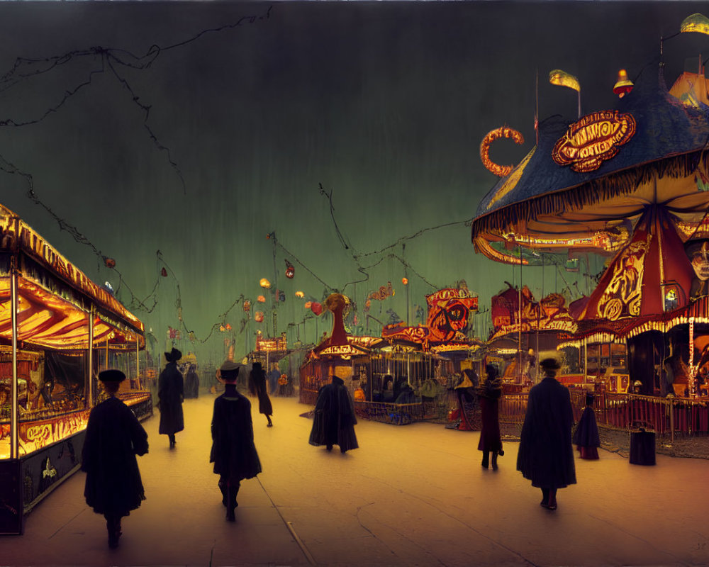 Vintage-style fairground at night with illuminated attractions and period clothing creating an eerie atmosphere