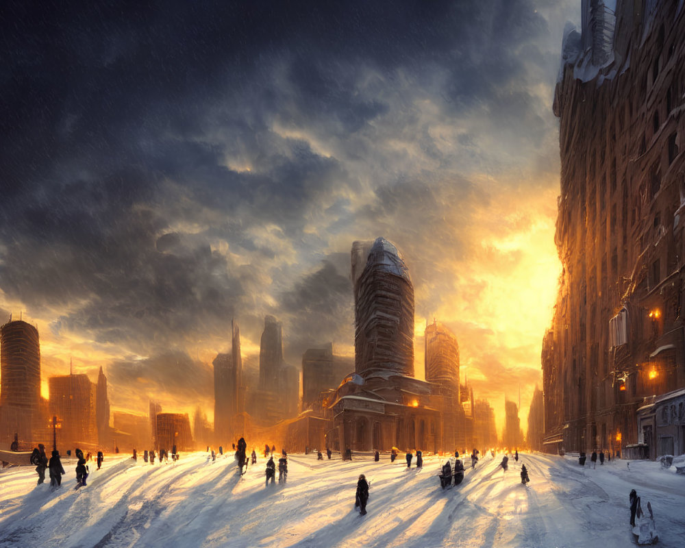 Snow-covered cityscape at sunset with people walking, tall futuristic buildings, and dark clouds.