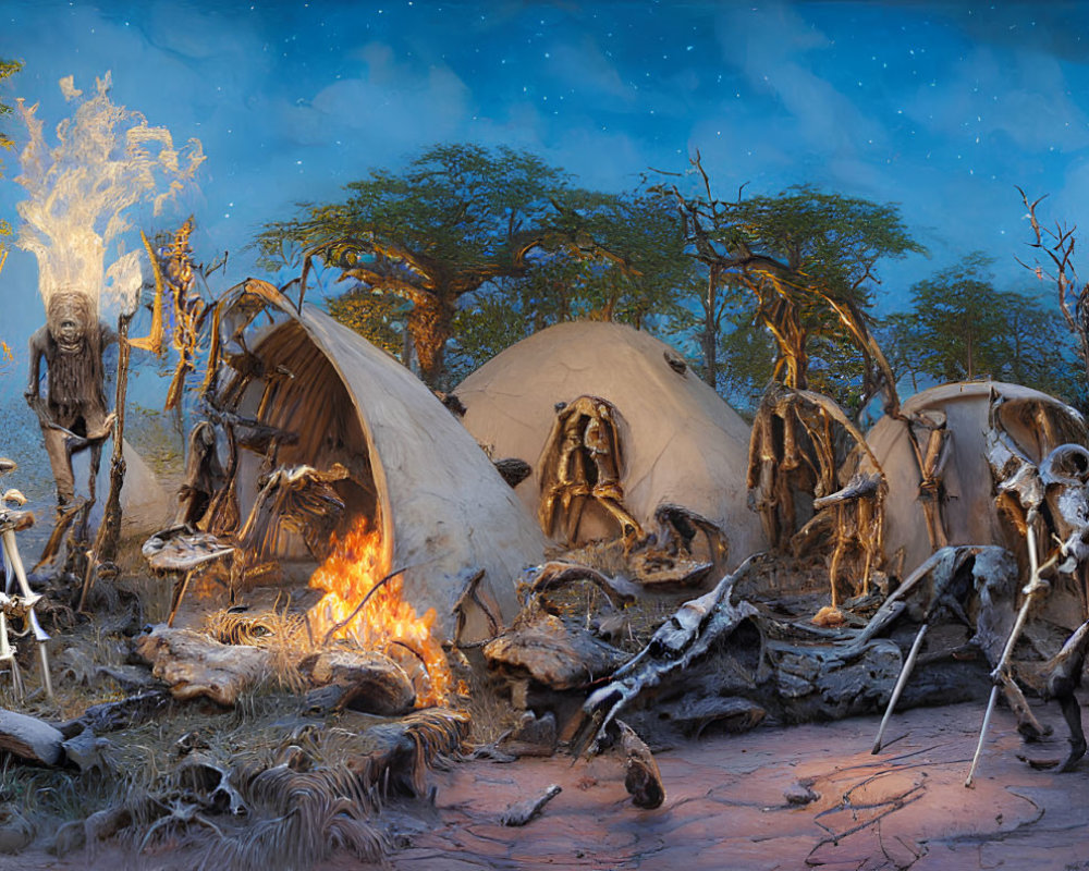 Prehistoric campsite with people in primitive attire at dusk