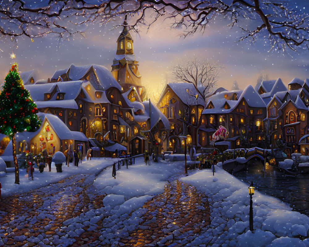 Snowy Winter Village Scene: Dusk with Christmas Tree & Festive Lights