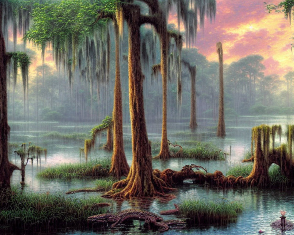 Tranquil swamp scene with moss-covered trees, reflective water, and resting crocodile.