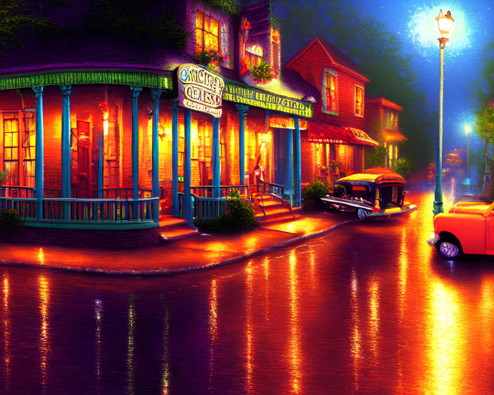 Night scene with illuminated storefronts, vintage car, neon signs, wet cobblestone streets.