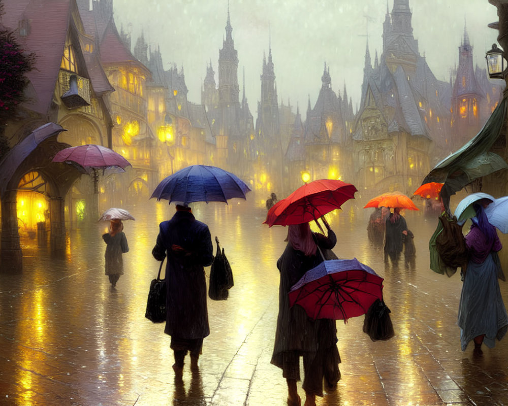 Rainy cobblestone street with people holding umbrellas